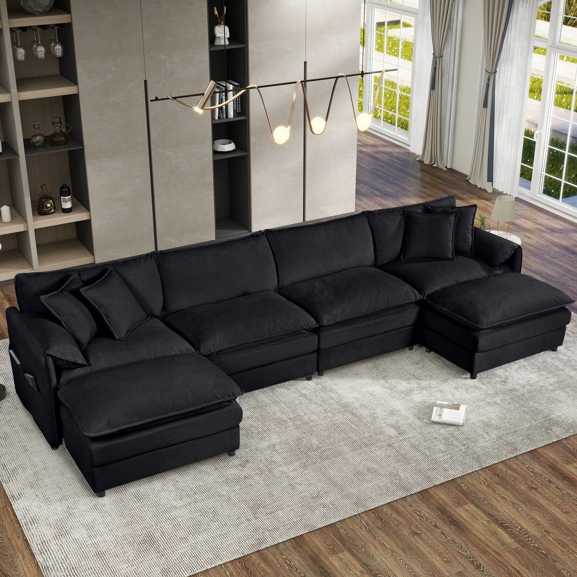 Boyel Living - Modern Minimalist Black Chenille Sofa with Side Storage Pockets 6-Seat - Black