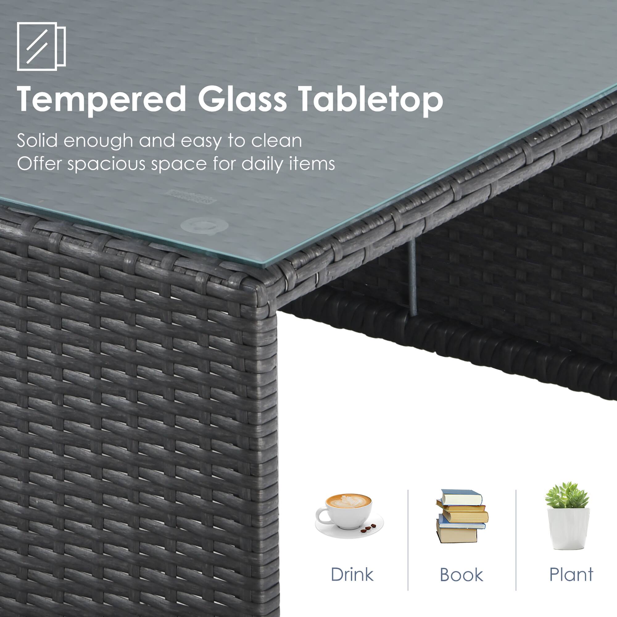 Tempered Glass Tabletop: Solid enough and easy to clean, offering spacious space for daily items such as drinks, books, and plants.