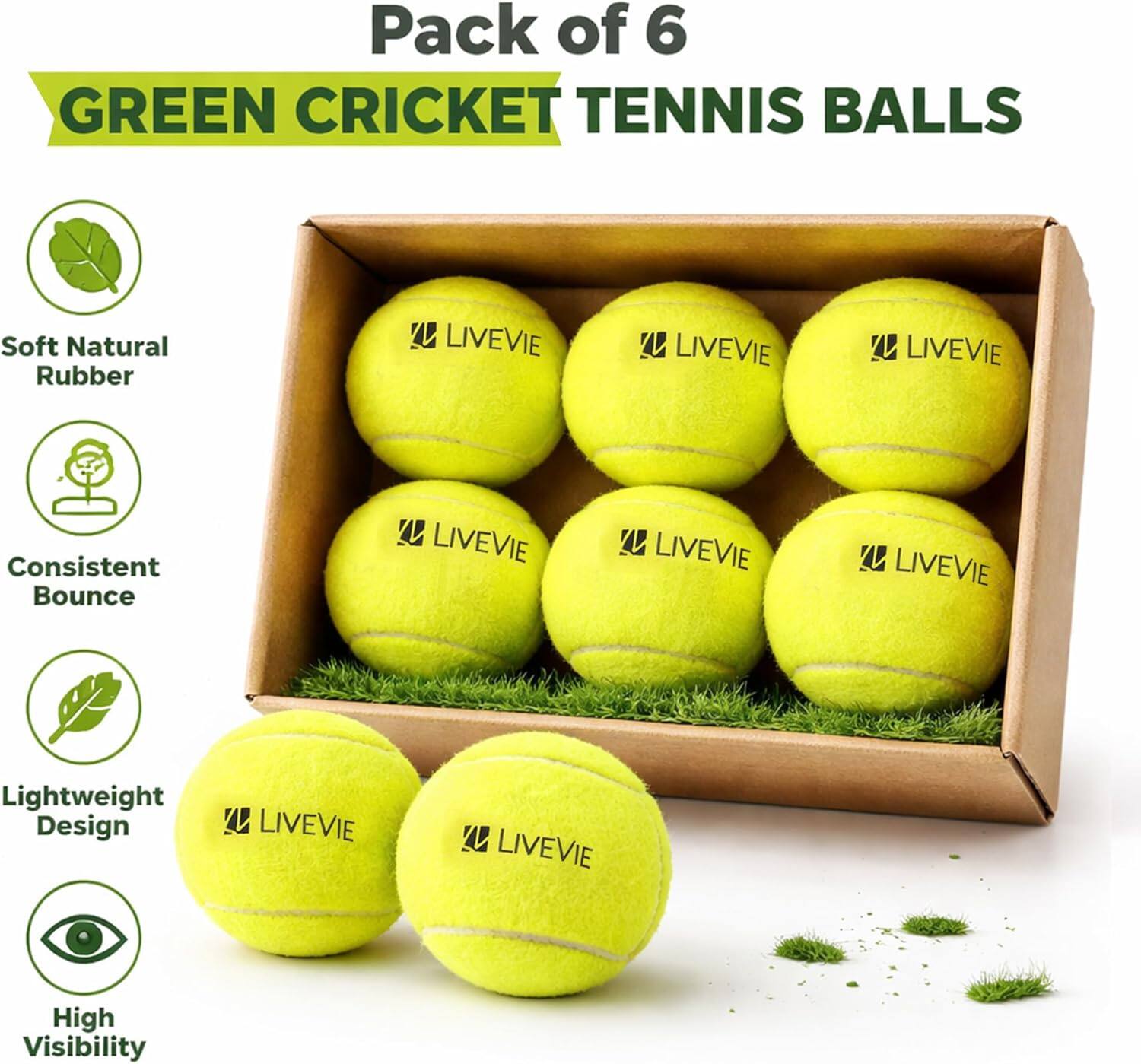 Pack of 6 GREEN CRICKET TENNIS BALLS

- Soft Natural Rubber
- Consistent Bounce
- Lightweight Design
- High Visibility