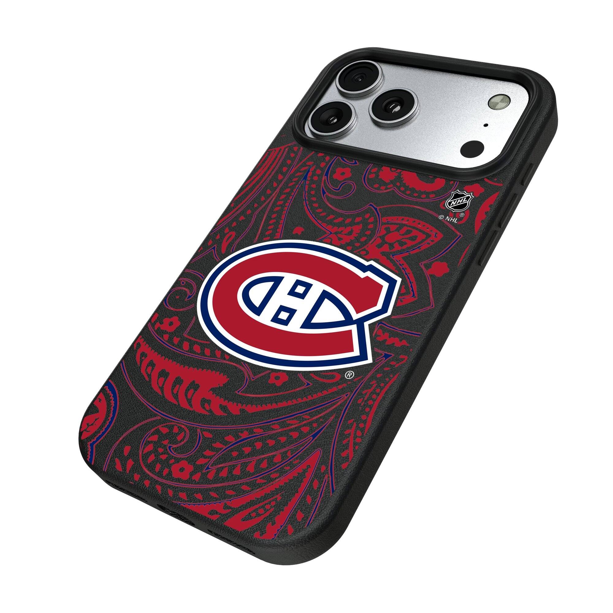 Alt View 1. Keyscaper - Black Montreal Canadiens Paisley iPhone Magnetic Bump Case - 16 Pro - Black.