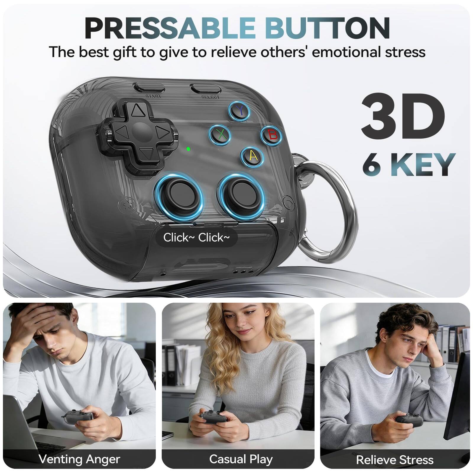 PRESSABLE BUTTON  
The best gift to give to relieve others' emotional stress  

3D 6 KEY  
Click~ Click~  

Venting Anger  
Casual Play  
Relieve Stress