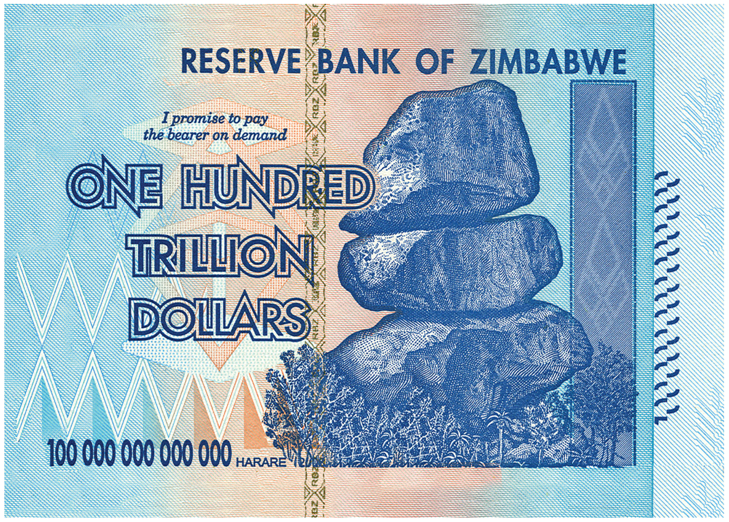 RESERVE BANK OF ZIMBABWE I promise to pay the bearer on demand ONE HUNDRED TRILLION DOLLARS 100 000 000 000 000 HARARE 120085 RO RBZ
