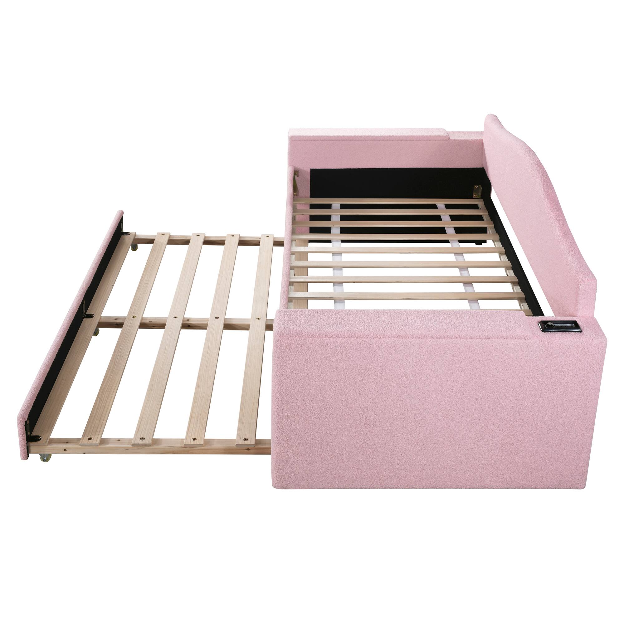 Alt View 7. Tiramisubest - Twin Size Upholstered Daybed with Storage Armrests, Trundle and Latest Integrated Bluetooth Audio System, Teddy Fleece - Pink.