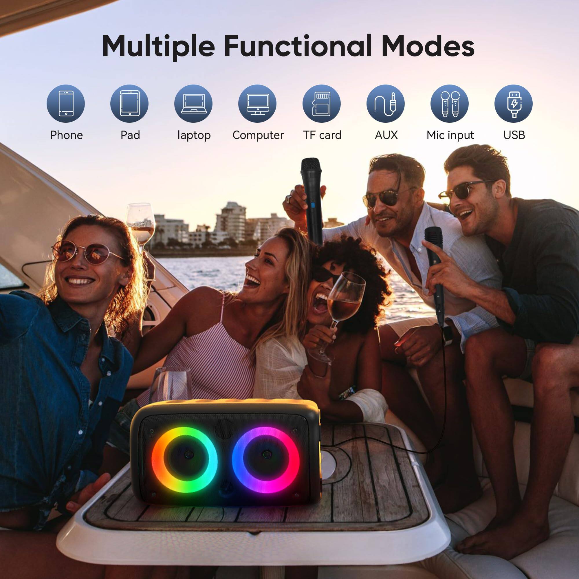 Multiple Functional Modes

- Phone
- Pad
- Laptop
- Computer
- TF card
- AUX
- Mic input
- USB
