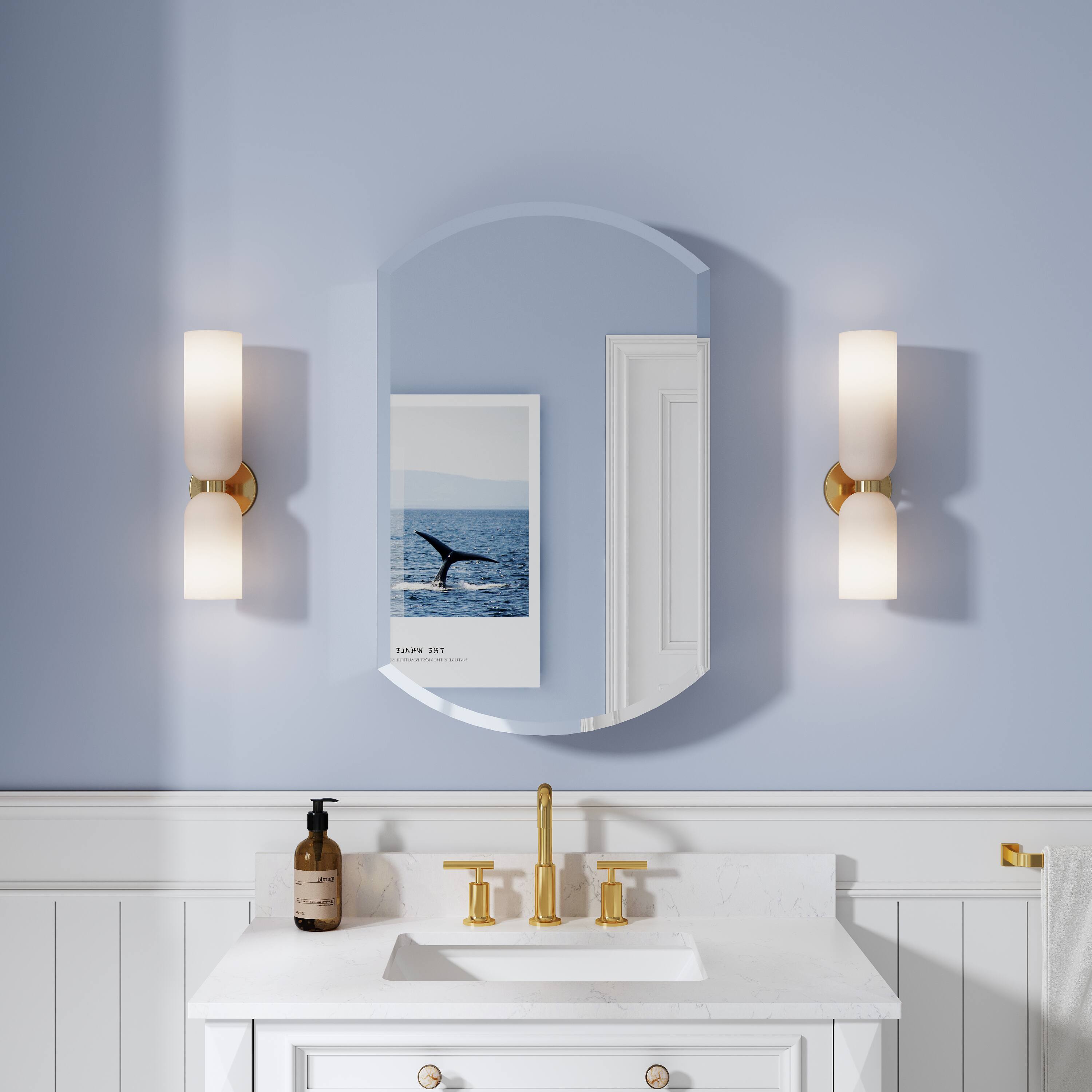 Back. WELLFOR - 20 in. W x 32 in. H Oval Aluminum Tri-View Medicine Cabinet with Mirror, Blum Hinge, Adjustable Shelves - Silver.
