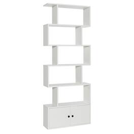 Pefilos - 6-Tier S-Shaped Freestanding Bookshelf, Bookcase with Storage Cabinet and Doors - White