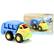 The image features a blue and yellow toy truck, which is part of a Disney Baby toy set. The toy set includes cardboard pieces to build a recycling truck and is made in the USA. The toy truck is designed to be environmentally friendly and promotes recycling.