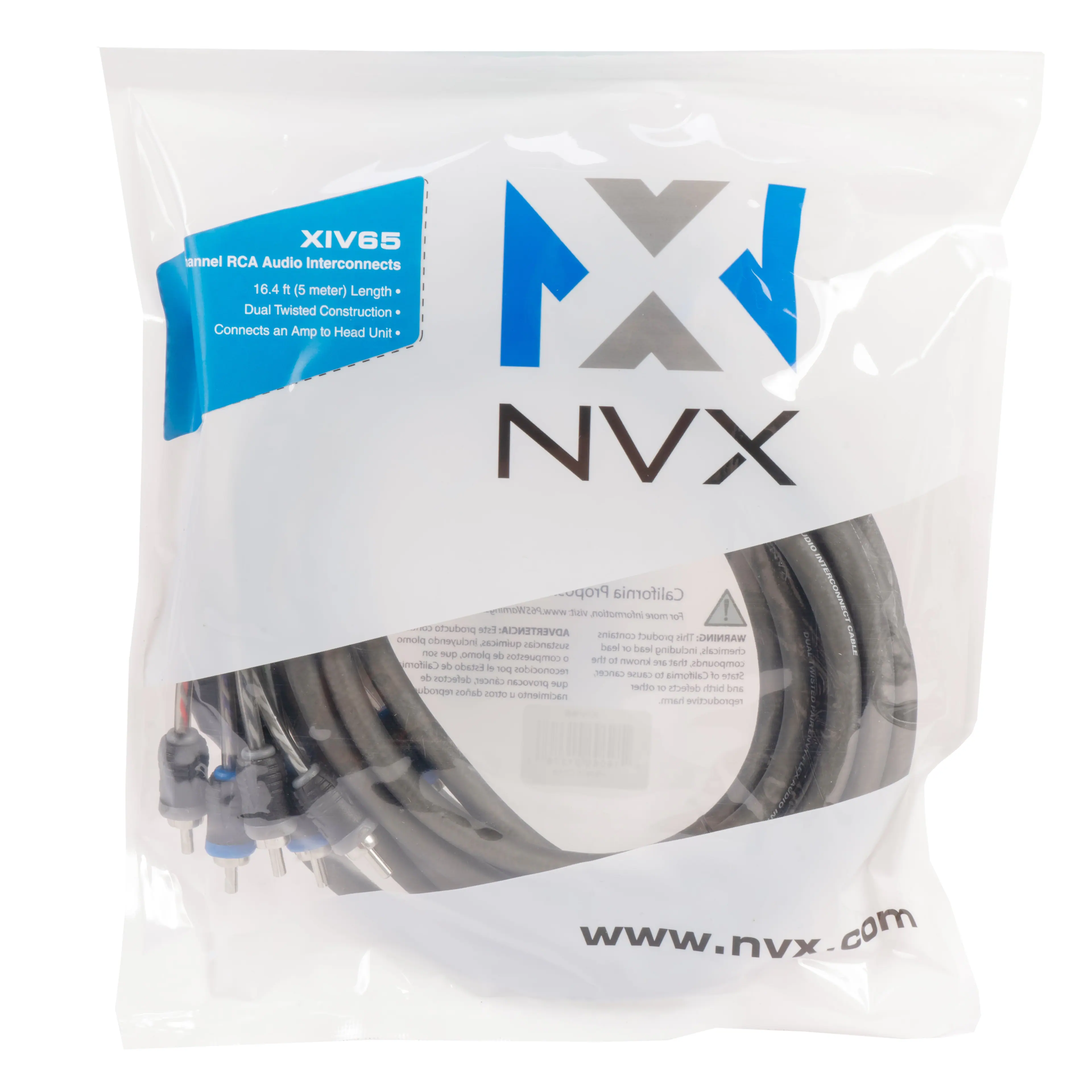 XIV65  
Channel RCA Audio Interconnects  
16.4 ft (5 meter) Length  
Dual Twisted Construction  
Connects an Amp to Head Unit  

NVX  

www.nvx.com  

ADVERTENCIA  
Este producto contiene compuestos de plomo, que pueden causar cáncer y daño reproductivo.  
El estado de California Prop 65 advierte que este producto puede causar daño reproductivo.  

www.nvx.com
