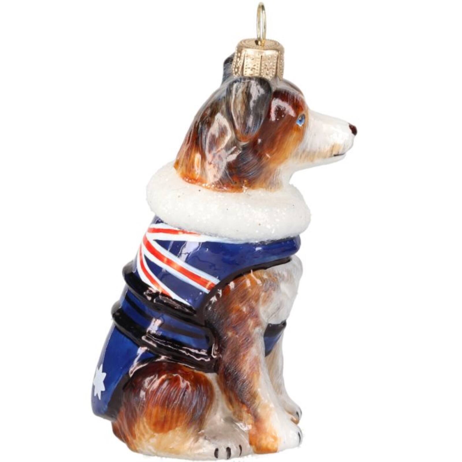 Back. Joy to the World Collectibles - Joy to the World Australian Shepherd in Australia Flag Coat Polish Glass Ornament - Multicolor.