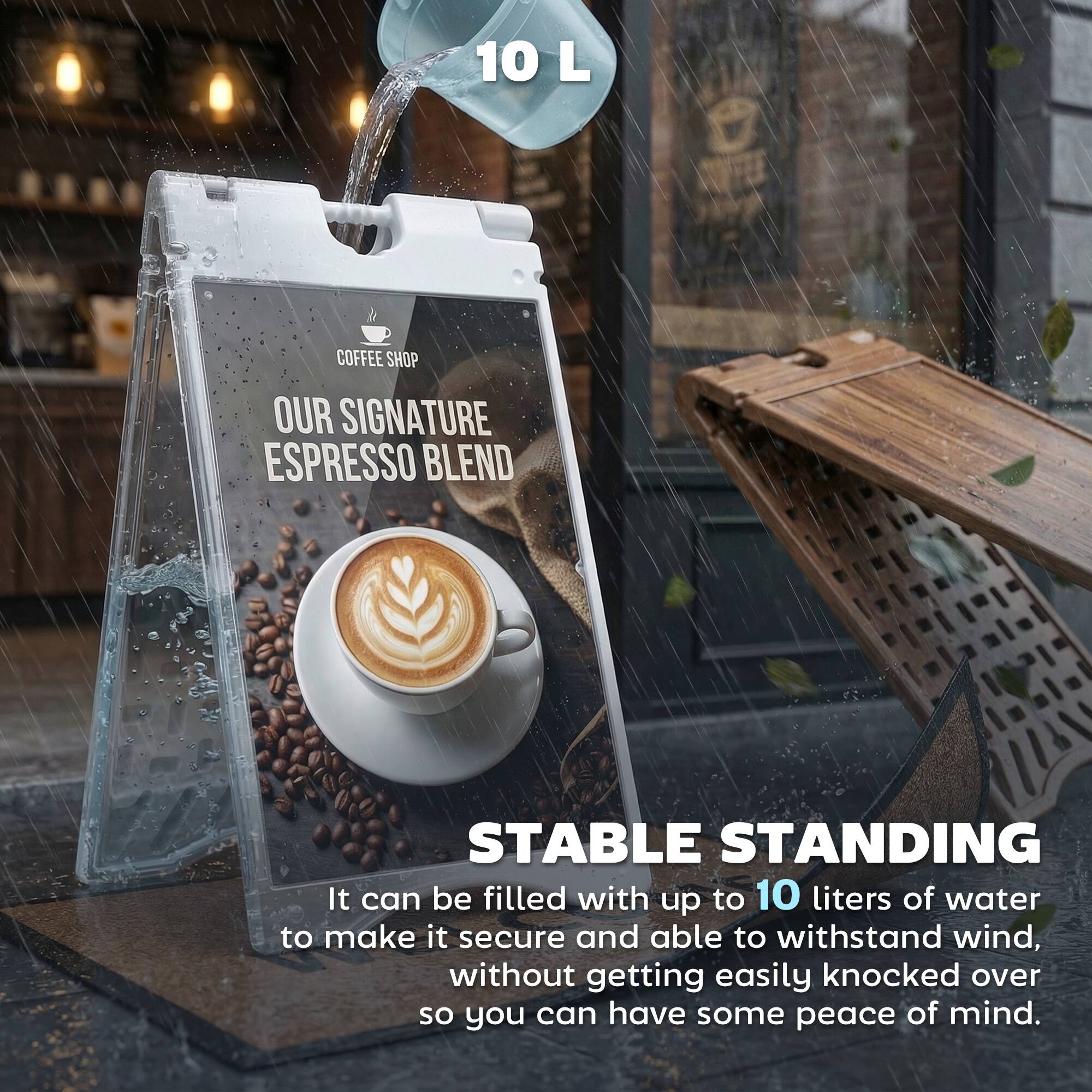 10 L COFFEE SHOP OUR SIGNATURE ESPRESSO BLEND

STABLE STANDING

It can be filled with up to 10 liters of water to make it secure and able to withstand wind, without getting easily knocked over so you can have some peace of mind.