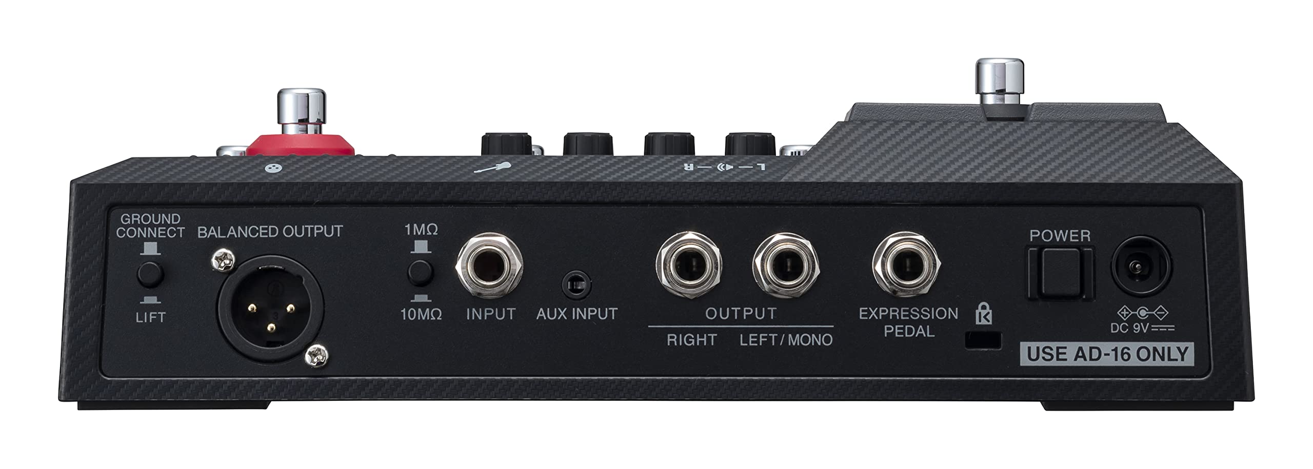 GROUND CONNECT BALANCED OUTPUT  
1MQ  
POWER  
1100  
LIFT  
10M INPUT AUX INPUT  
OUTPUT EXPRESSION K PEDAL RIGHT LEFT/MONO  
DC 9V USE AD-16 ONLY