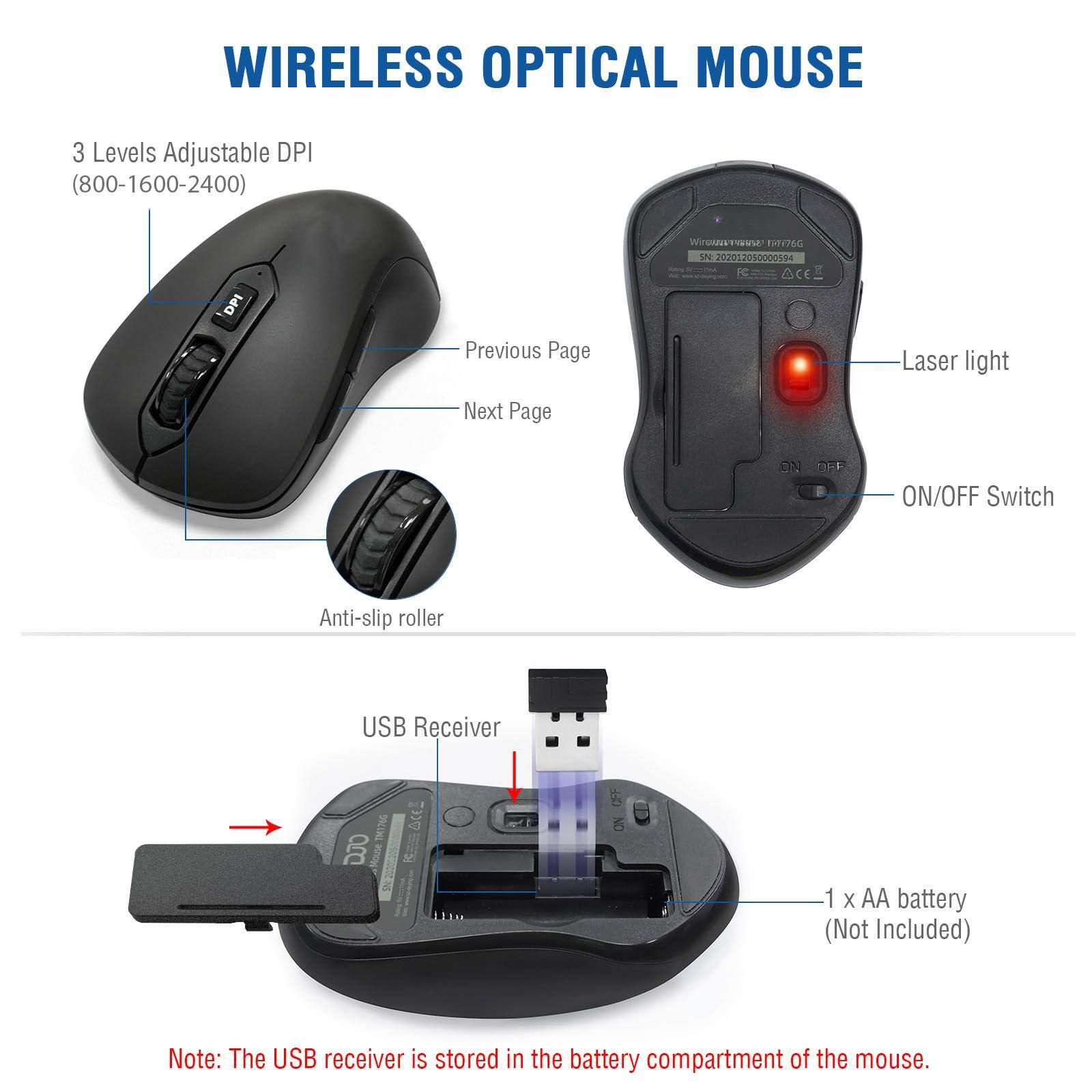 **WIRELESS OPTICAL MOUSE**

- **3 Levels Adjustable DPI**  
  (800-1600-2400)

- **Previous Page**
- **Next Page**
- **Anti-slip roller**
- **Laser light**
- **ON/OFF Switch**
- **USB Receiver**
- **1 x AA battery**  
  (Not Included)

**Note:** The USB receiver is stored in the battery compartment of the mouse.