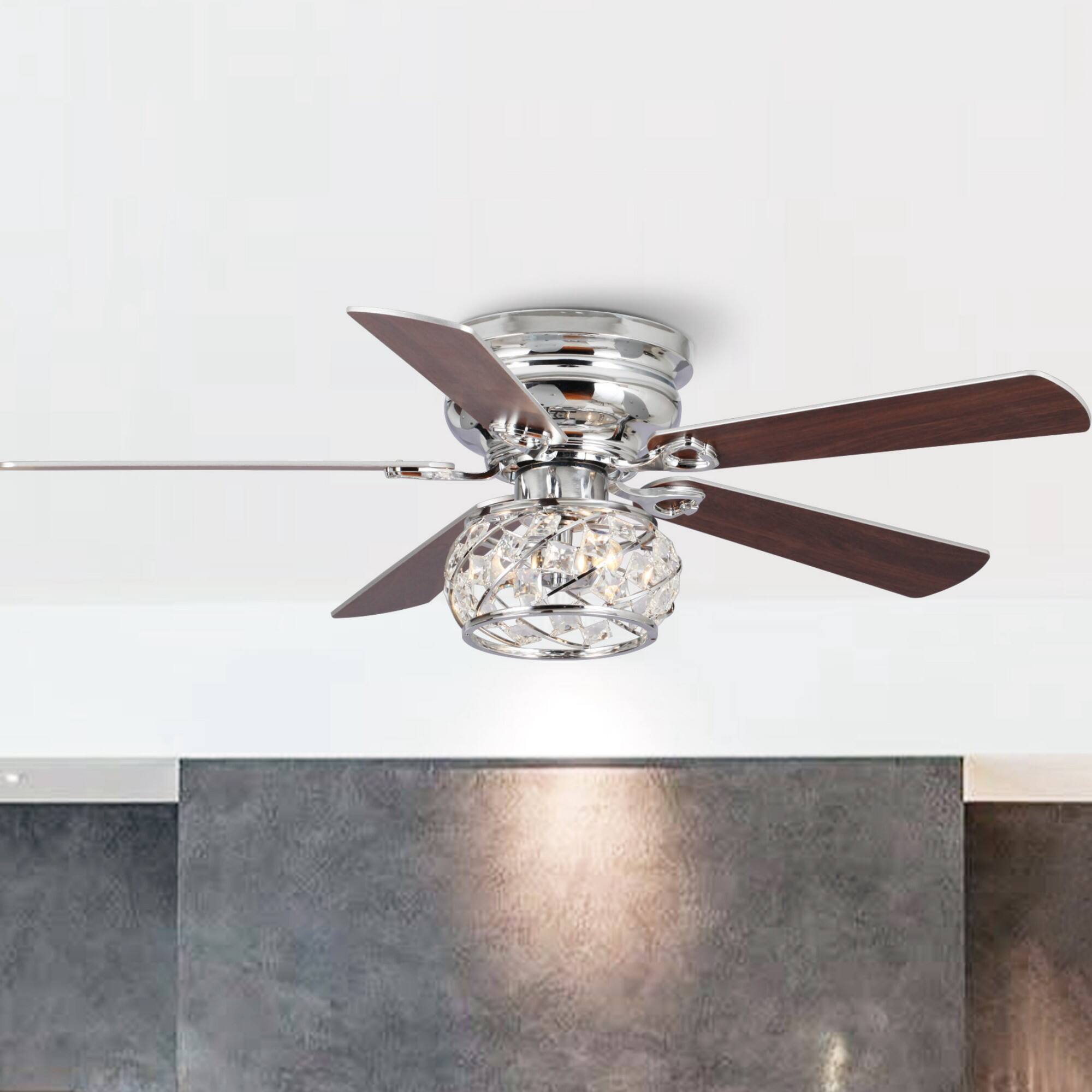 Alt View 1. Parrot Uncle - 48" Chrome Modern 5-Blade Crystal Flush Mount Ceiling Fan with Remote - Chrome.
