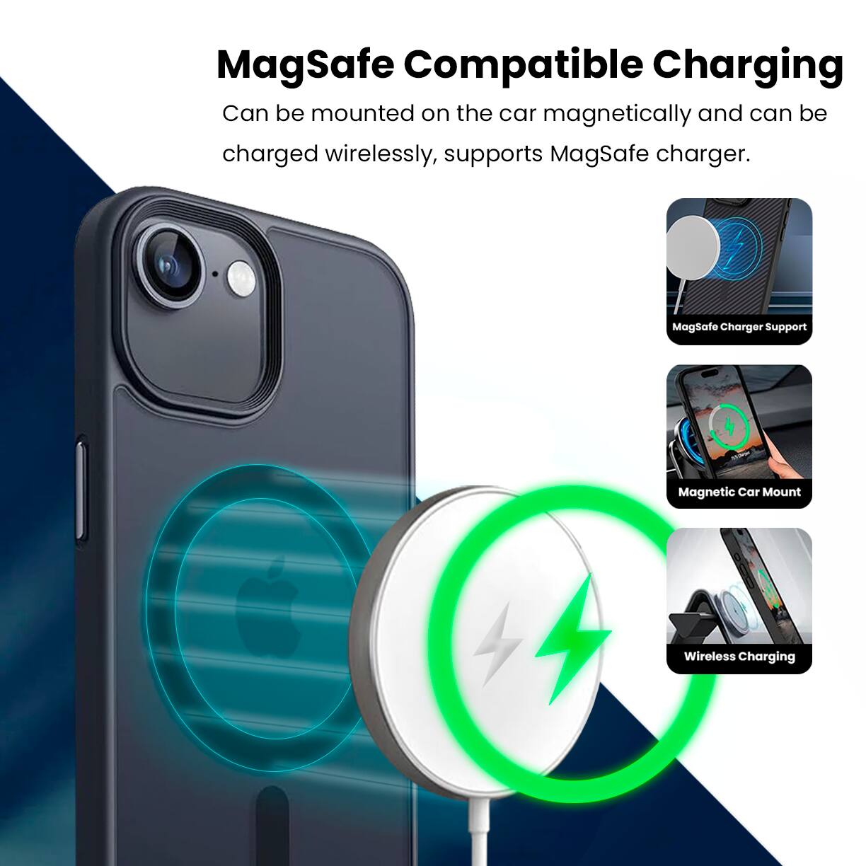 MagSafe Compatible Charging, Can be mounted on the car magnetically and can be charged wirelessly, supports Magsafe charger. MagSafe Charger Support, Magnetic Car Mount, Wireless Charging
