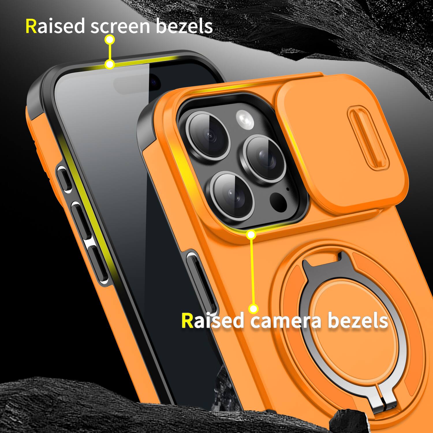 Raised screen bezels  
Raised camera bezels