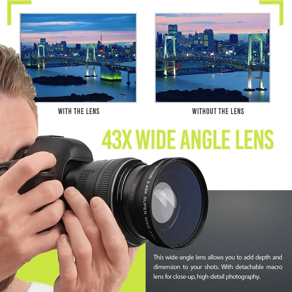 WITH THE LENS  
WITHOUT THE LENS  

43X WIDE ANGLE LENS  

This wide-angle lens allows you to add depth and dimension to your shots. With detachable macro lens for close-up, high-detail photography.