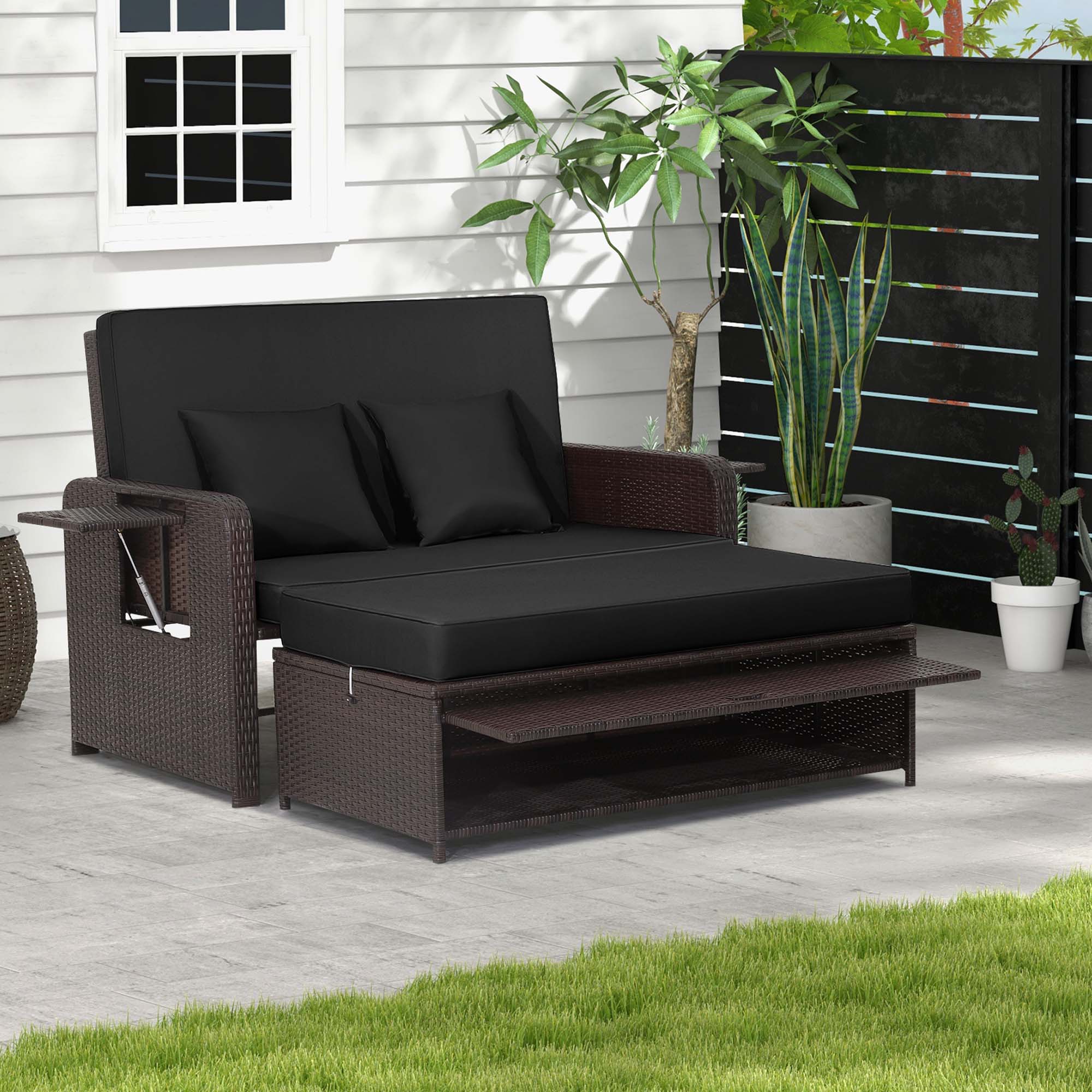 Alt View 1. Costway - Patio Rattan Loveseat Set Daybed Lounge Storage Ottoman Side Tables Adjust - Black.