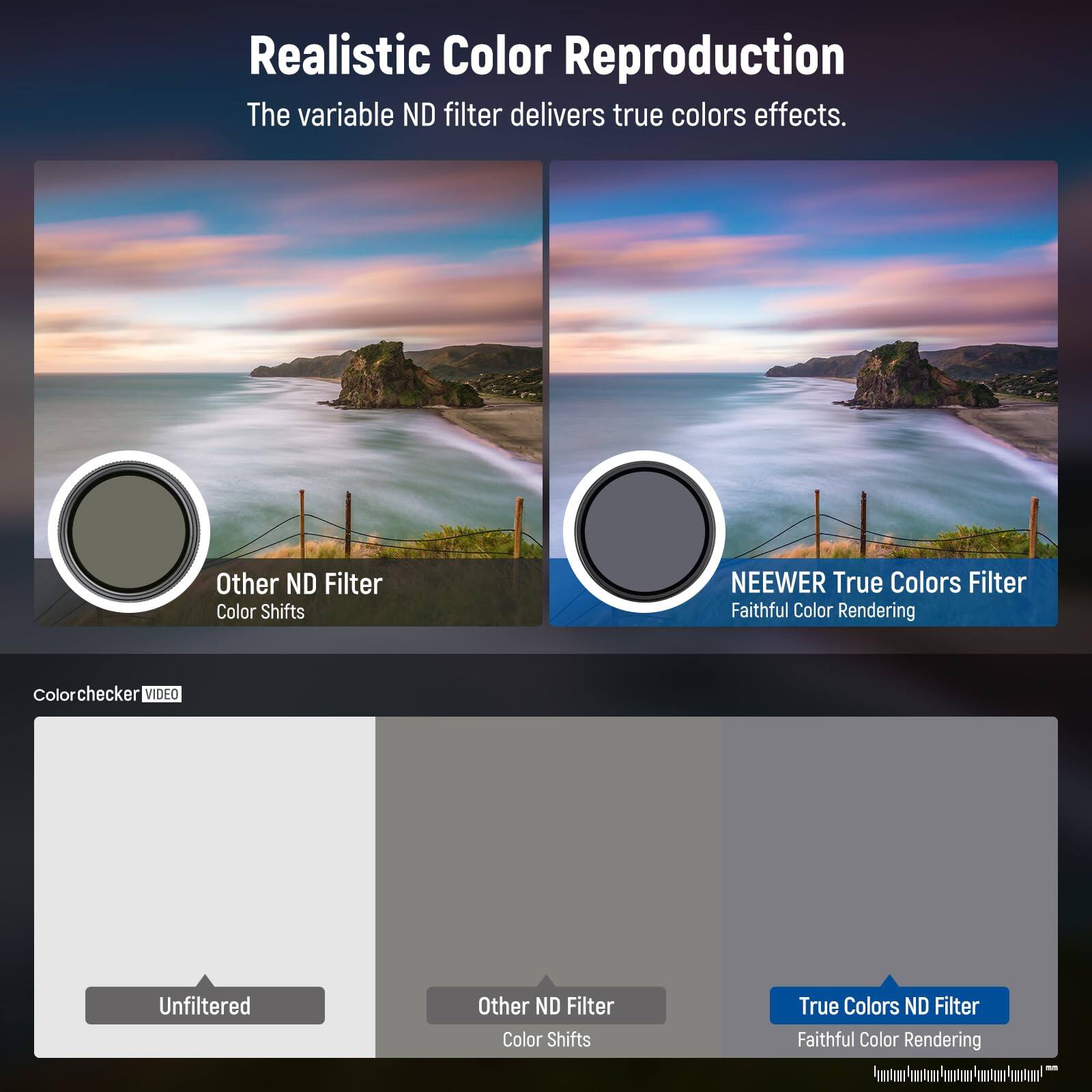 Realistic Color Reproduction  
The variable ND filter delivers true colors effects.  

Other ND Filter Color Shifts  
NEEWER True Colors Filter Faithful Color Rendering  

Color checker VIDEO  
Unfiltered  
Other ND Filter Color Shifts  
True Colors ND Filter Faithful Color Rendering