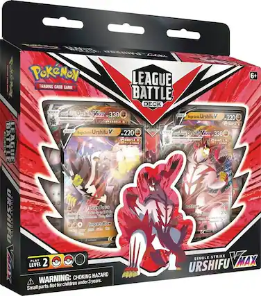 **Pokémon Trading Card Game**
**League Battle Deck**
- **Urshifu VMAX**
- 330 HP
- Single Strike Urshifu V
- 220 HP
- Laser Focus
- Impact Blow
- **Single Strike Urshifu V**
- 220 HP
- Beatdown
- One Blow
- 270
**Level 2**
**Warning: Choking Hazard**
Small parts. Not for children under 3 years.