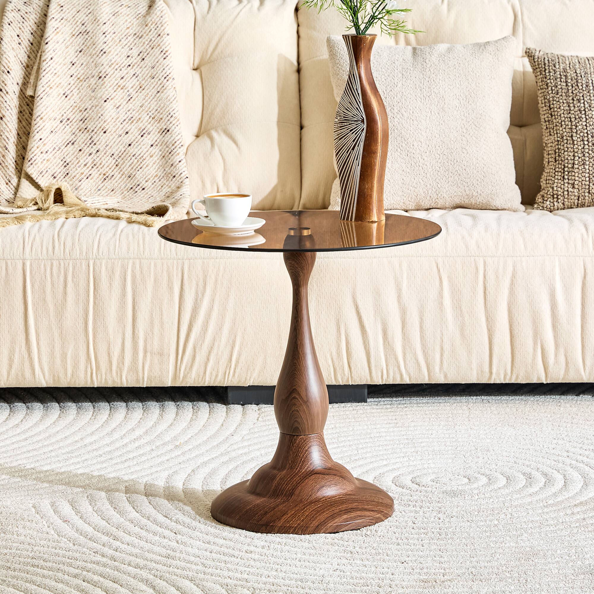 Angle. Anysun - Small Metal Side Table – Modern Round-Edge Table with Tempered Glass Top – Approx. 19.6" Diameter - Brown, Walnut.
