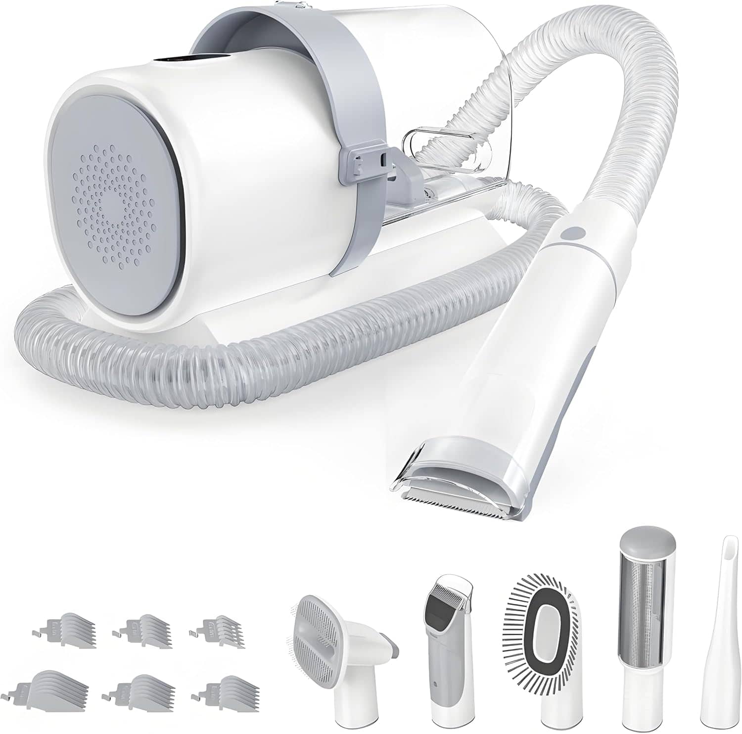 AOITUN - Professional Pet Grooming Vacuum Kit, 2.5L Cup, 3 Suction Modes, and 5 Groomer Tools with Cordless Low Noise Clippers - White