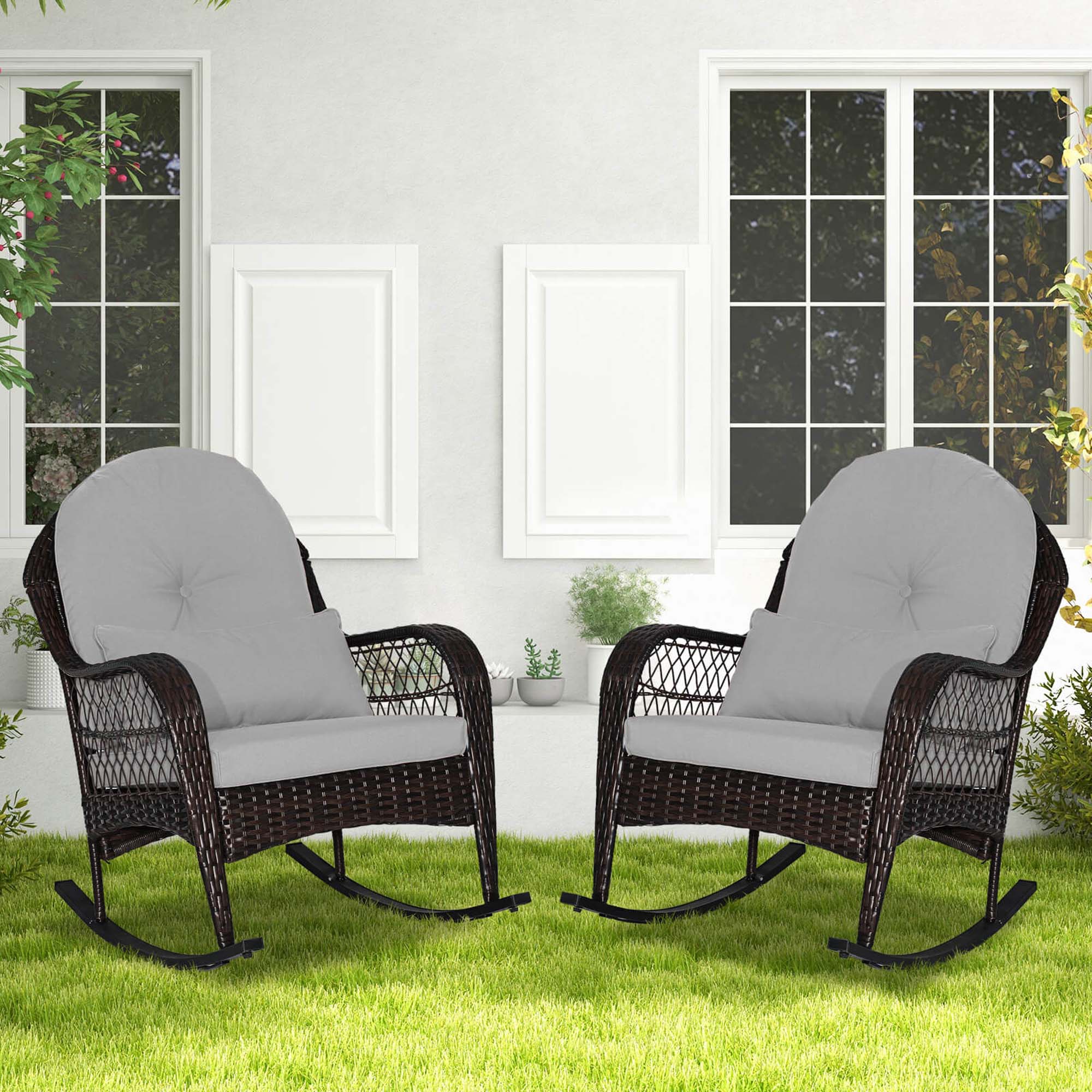 Back. Costway - Patio Wicker Rocking Chair with Seat Back Cushions & Lumbar Pillow Porch - Mix Brown + Gray.