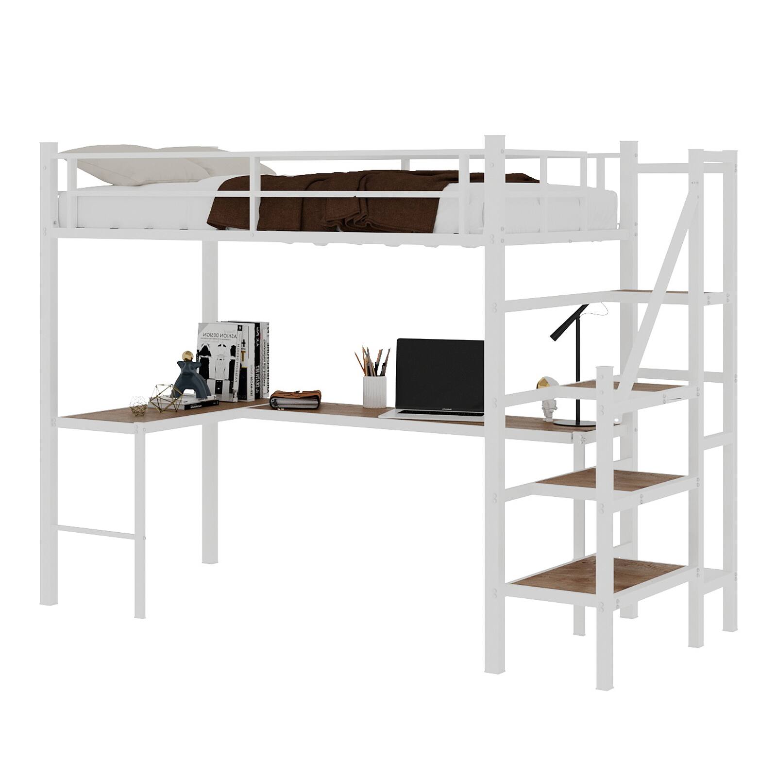 Alt View 3. Loheer - Loheer Twin Size White Iron and Wood Loft Bed with Built In Desk Space Saving Compact Frame - White.