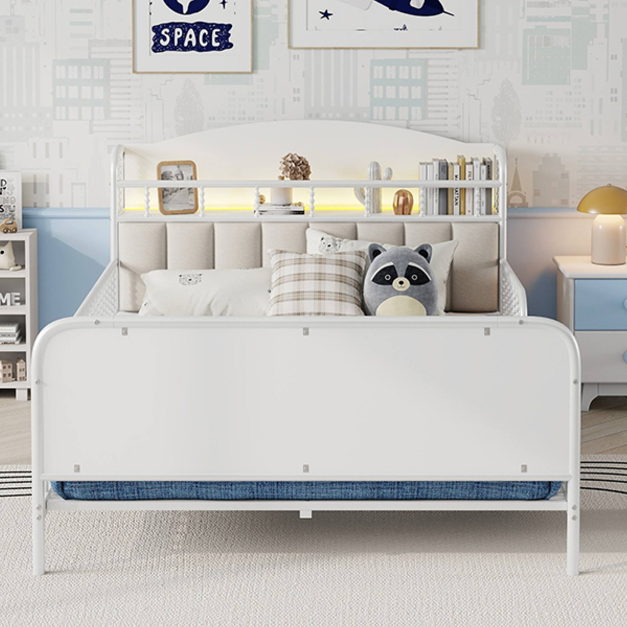 Alt View 10. GOODSILO - Full Size Metal Platform Bed Frame with LED Lighting and Upholstered Storage Headboard - White.