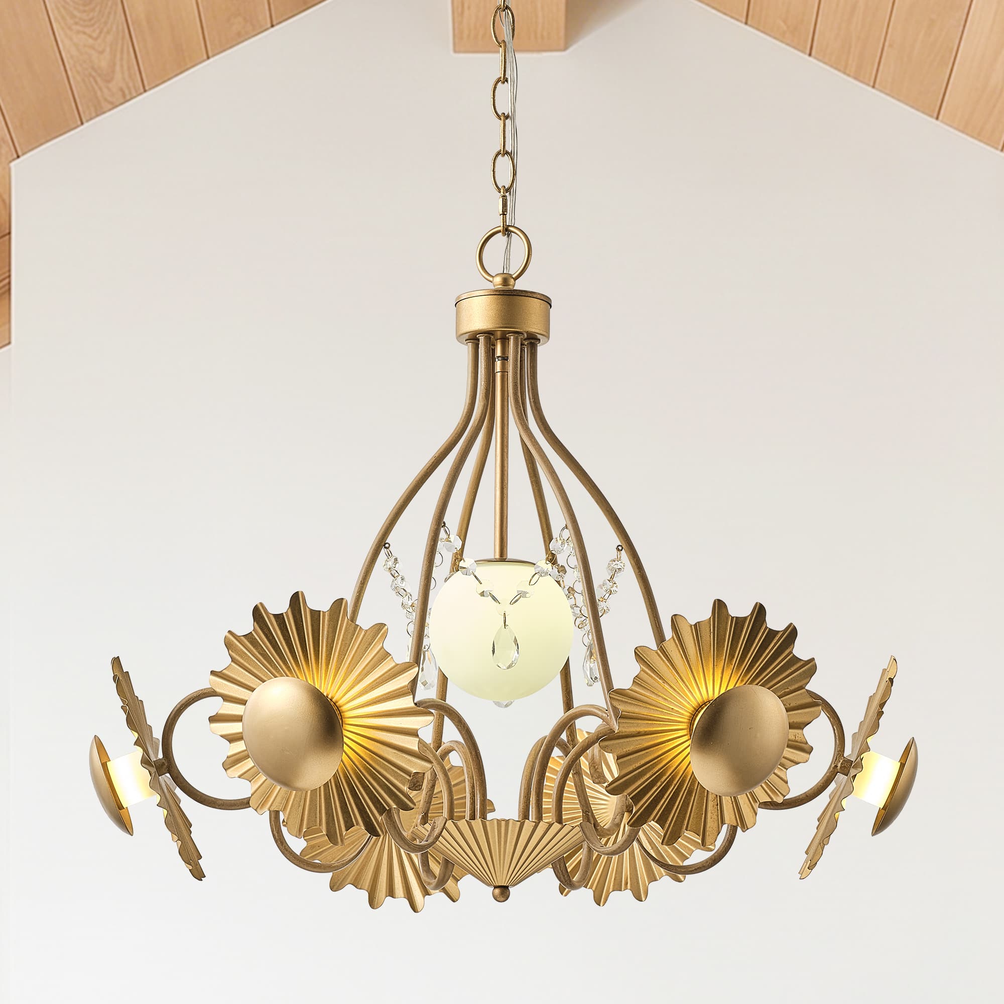 Parrot Uncle - 26" Antique Mid-Century Glam Sunburst LED Chandelier with Frosted Glass Globes - Gold