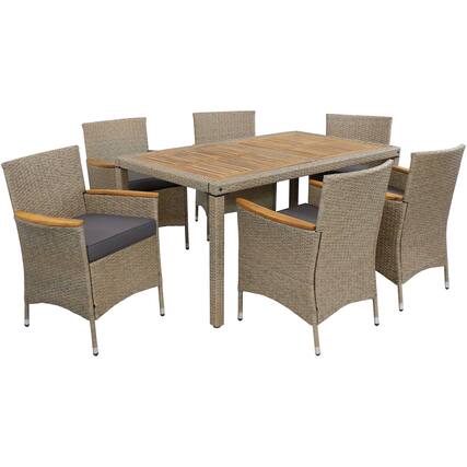 Front. Sunnydaze - Foxford Acacia Wood and Resin Rattan 7-Piece Patio Dining Set - Brown.