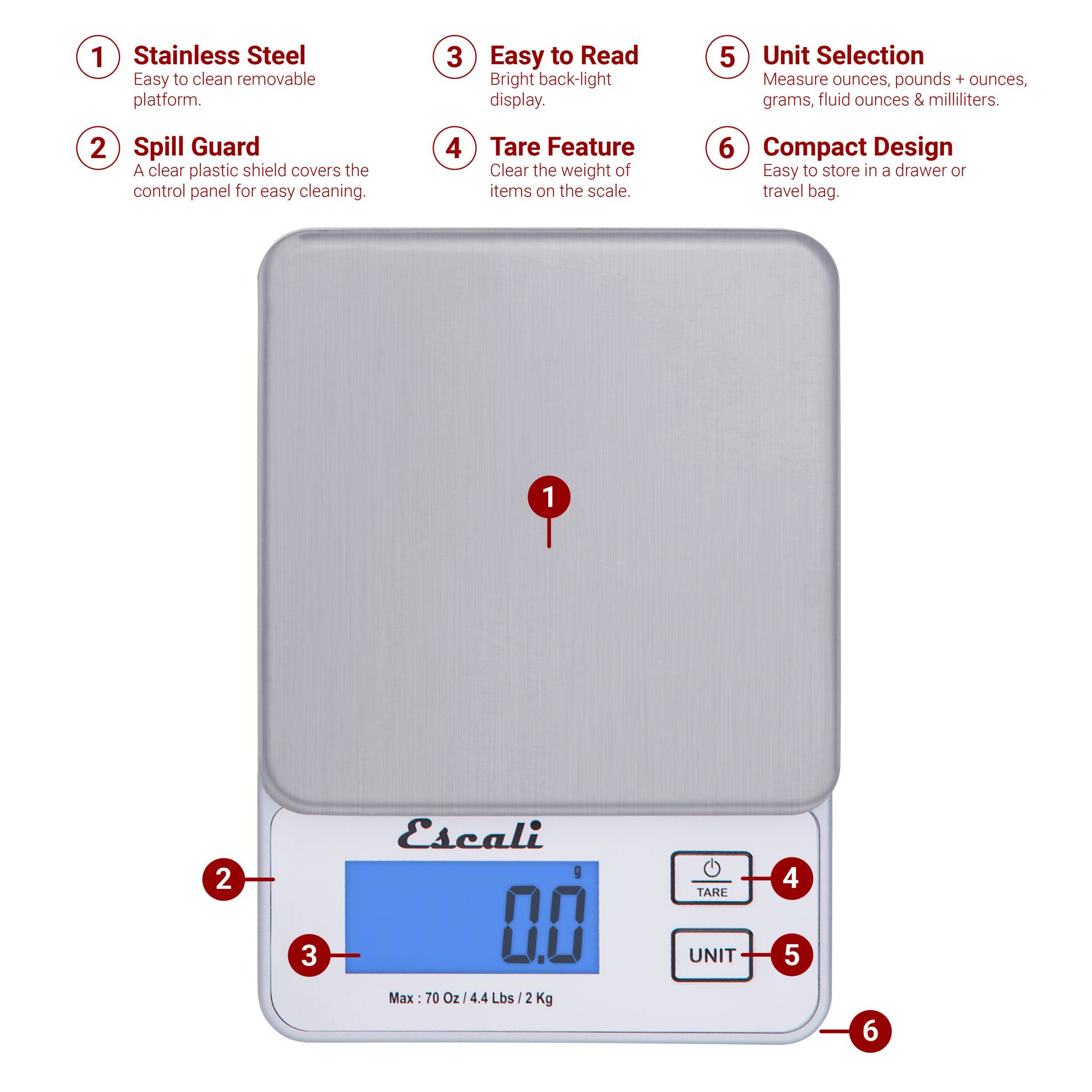 1. Stainless Steel Easy to clean removable platform.
2. Spill Guard A clear plastic shield covers the control panel for easy cleaning.
3. Easy to Read Bright back-light display.
4. Tare Feature Clear the weight of items on the scale.
5. Unit Selection Measure ounces, pounds + ounces, grams, fluid ounces & milliliters.
6. Compact Design Easy to store in a drawer or travel bag.