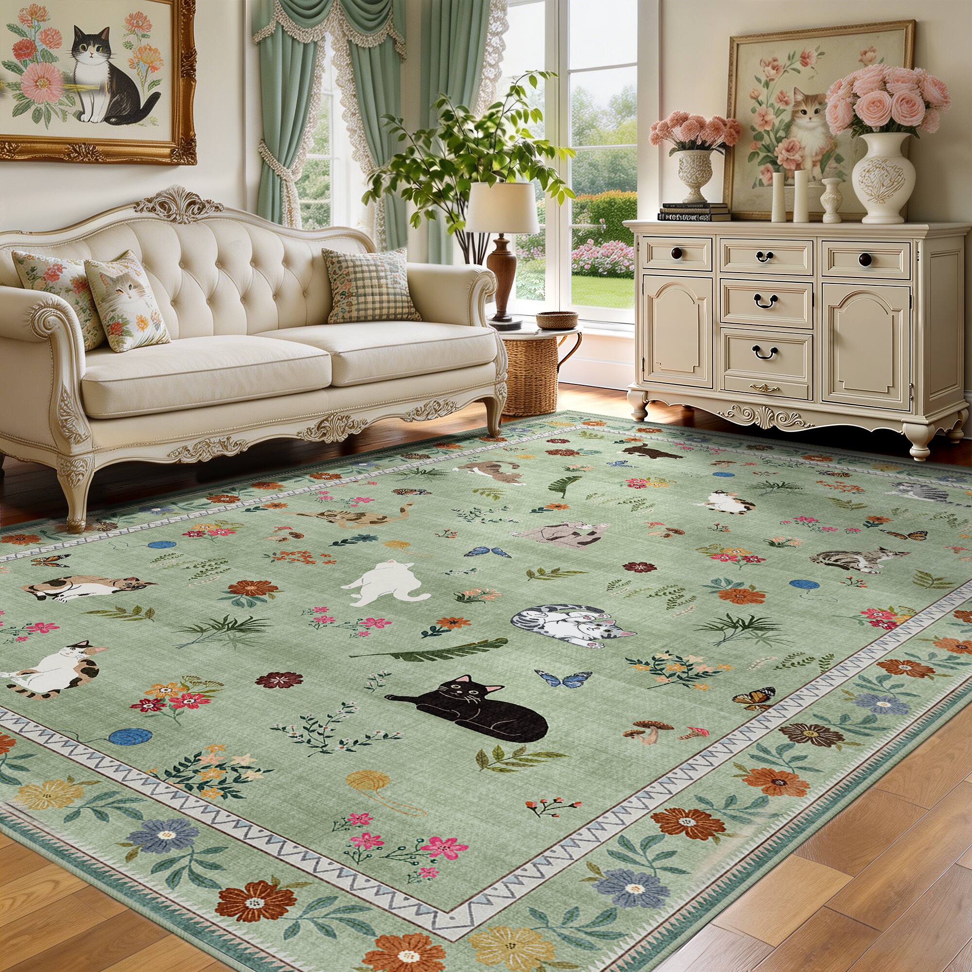 Alt View 1. KERDOM - Cat Illustration 6x9 ft Bedroom Rug, Large Kitten Floor Mat for Dinning Room, Low Pile Washable Area Carpet Animal Throw - Green.