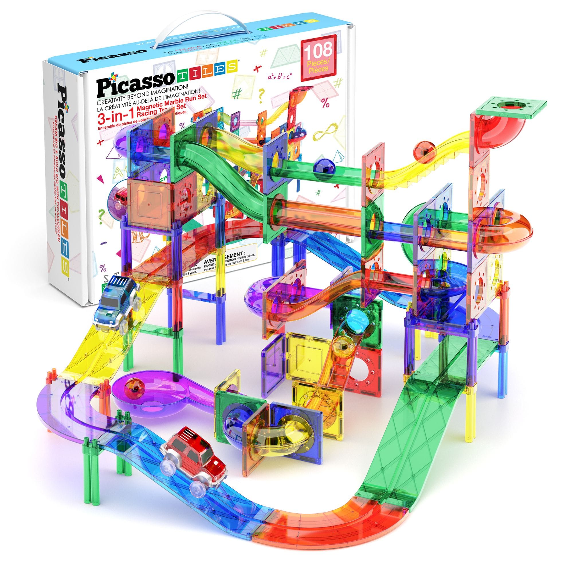 PicassoTiles - PICASSO-TILES Marble Run Magnetic Tiles for Kids, 108PCS, 3-in-1 Magnet Tiles Race Track Building Blocks STEM Toy - Multicolor