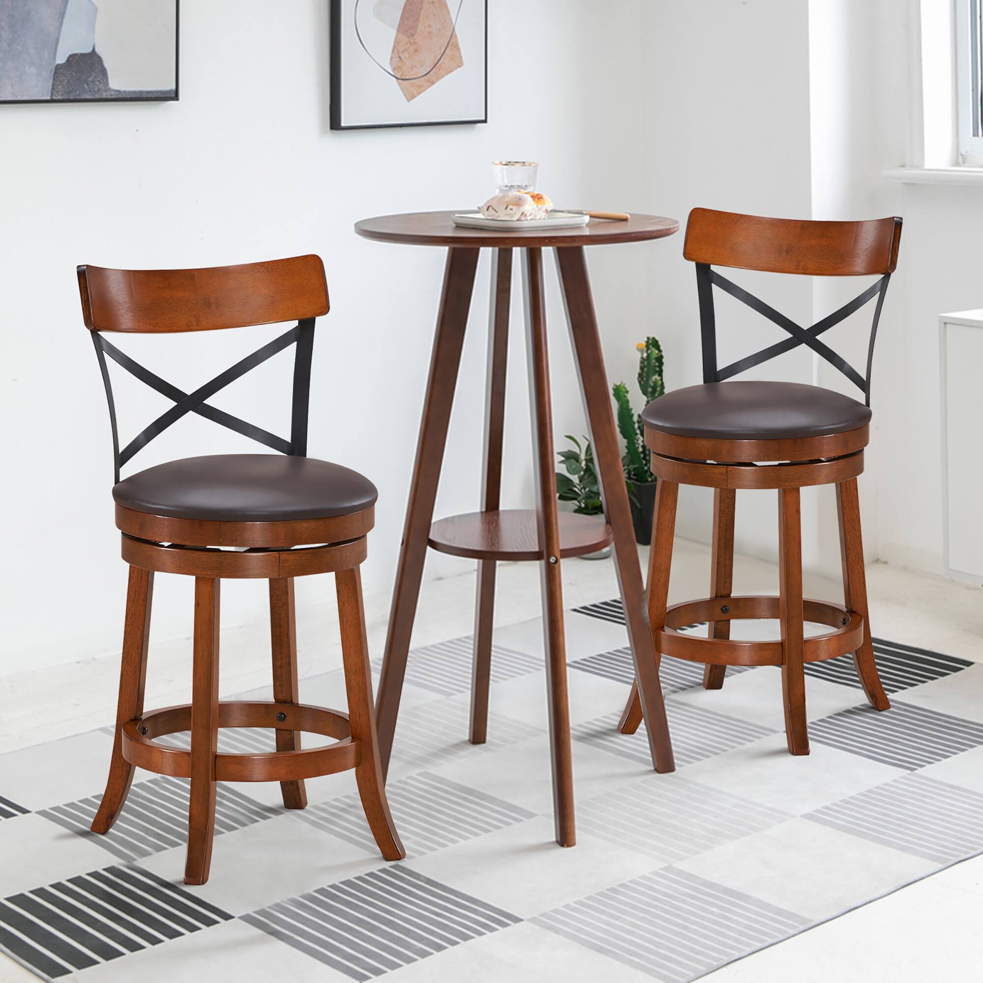 Alt View 1. Costway - Costway Set of 2 Bar Stools Swivel 25" Dining Bar Chairs with Rubber Wood Legs - Walnut,Black,Brown.