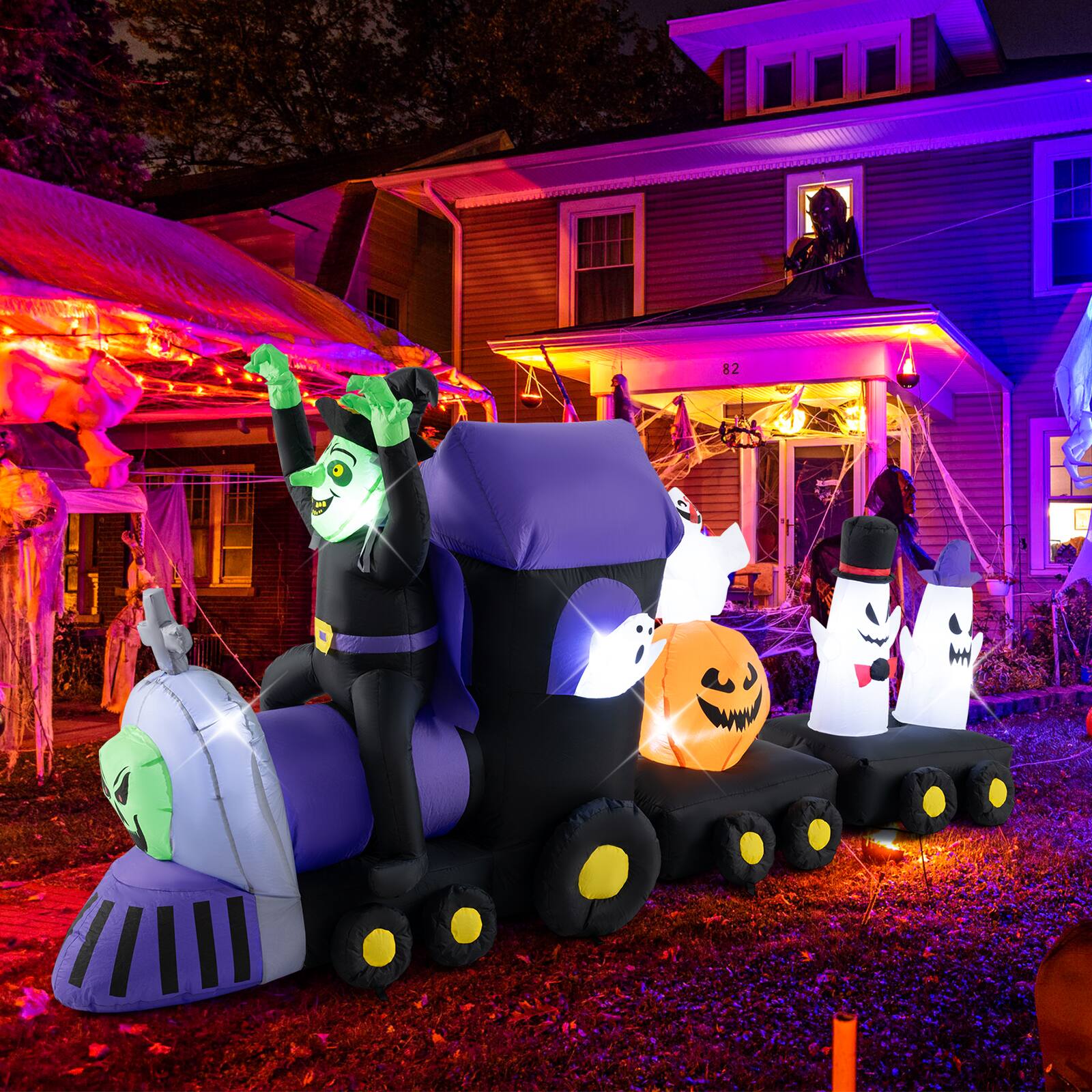 Angle. Costway - 8.2 ft Long Halloween Inflatable Train LED Lighted Train w/ Witch 4 Ghosts & Pumpkin - Colorful.