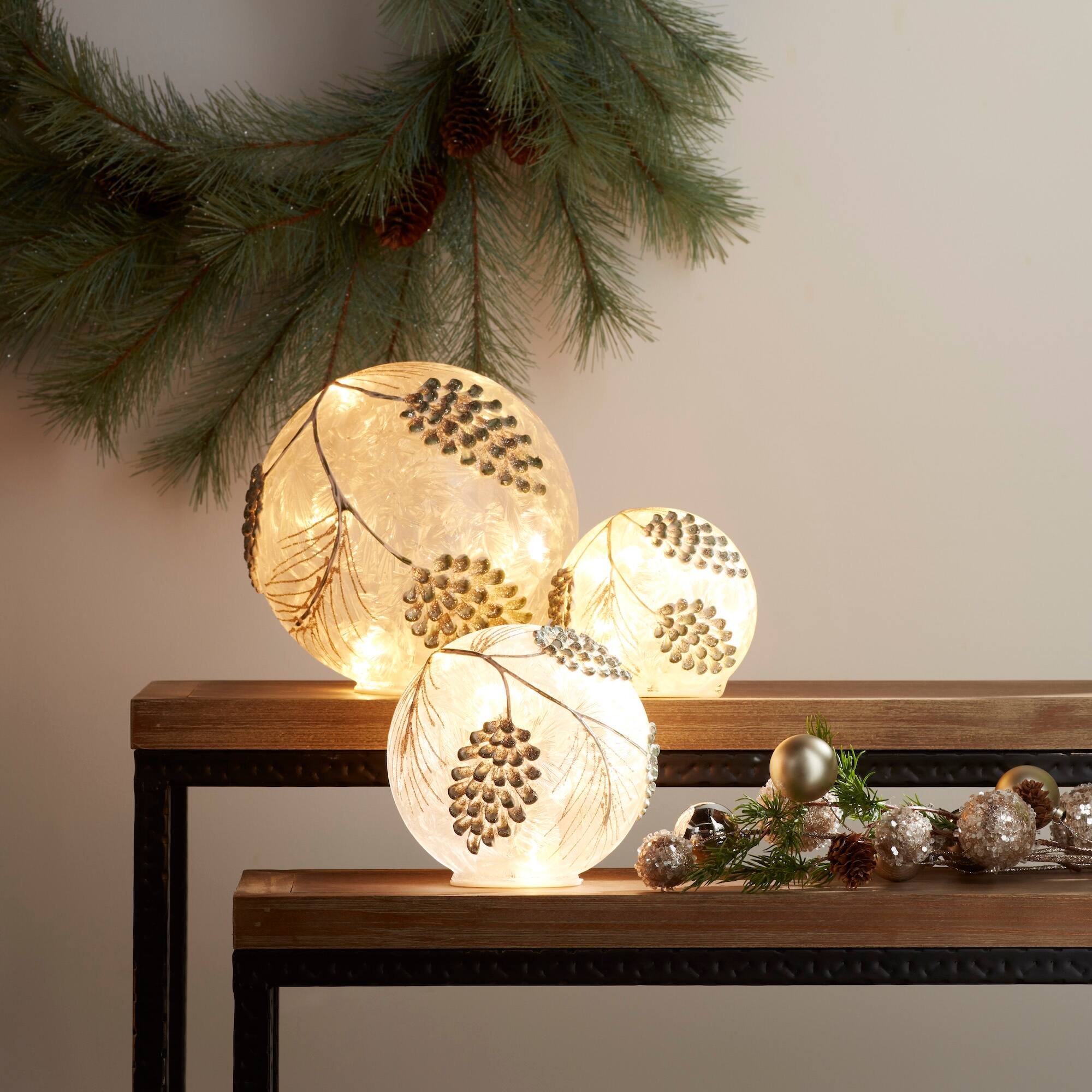 Angle. BreeBe - LED Frosted Gold Pinecone Orb (Set of 3) - White, Gold.