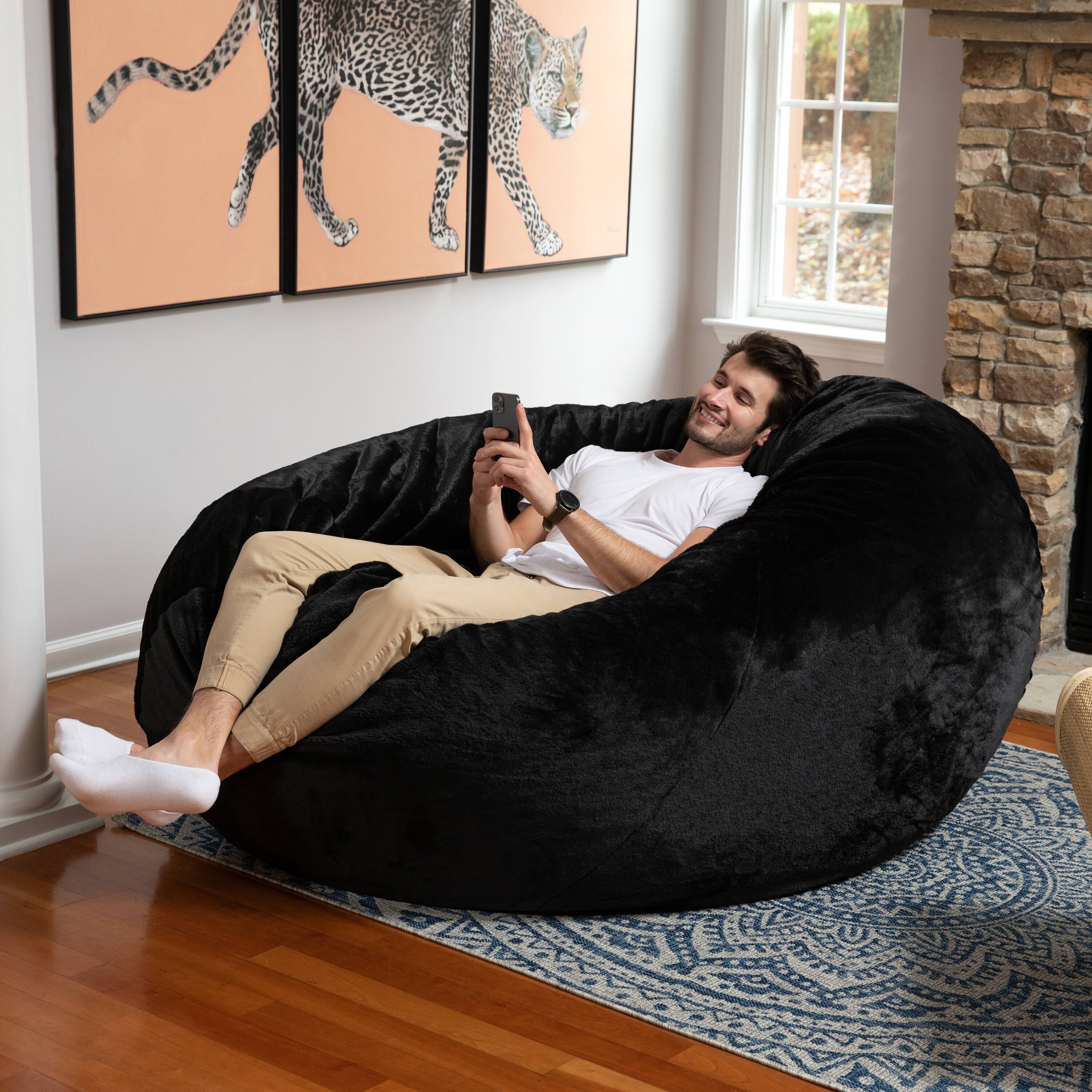 Back. Jaxx - Jaxx 6 Foot Cocoon - 2-in-1 Convertible Bean Bag Bed & Large Bean Bag Chair for Adults - Premium Faux Fur, Black Rabbit - Premium Faux Rabbit Fur - Black Rabbit.