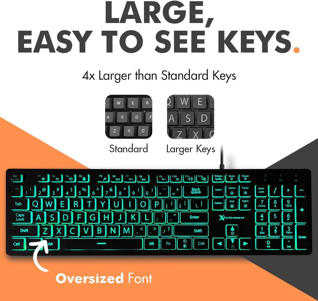 LARGE, EASY TO SEE KEYS

4x Larger than Standard Keys

Standard Larger Keys

Esc F1 F2 F3 F4 F5 F6 F7 F8 F9 F10 F11 F12

PS d 17 DEI FB D P d- F10 F11 48 F1 PreScn Sysig Soca * Fause oe - % A I @ 8 $ & ( ) 1 2 3 4 5 6 7 8 9 0 - Tab Q W E R T Y U I O P Caps K L Lock A S D F G H J ; Shift N M < > Z X C V Ct Alt Alt I + = [ 1 - / Fn ) Back space / I Enter Shift Ctrl Home Pglip Inser Brud PpOn Dulete X erformance Nium Leck 7 Home 4 1 Bnd 0 / 8 & 5 2 Y . 9 Pgup 6 3 PyDe Der - Enter Oversized Font