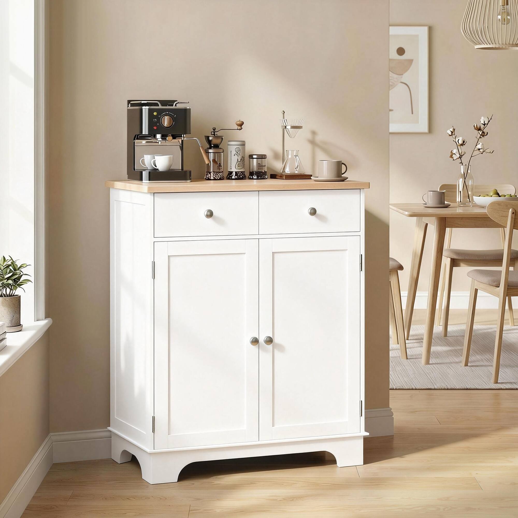 Alt View 8. Homcom - Storage Cabinet, Sideboard Floor Cupboard with Solid Wood Top, Adjustable Shelf - White.