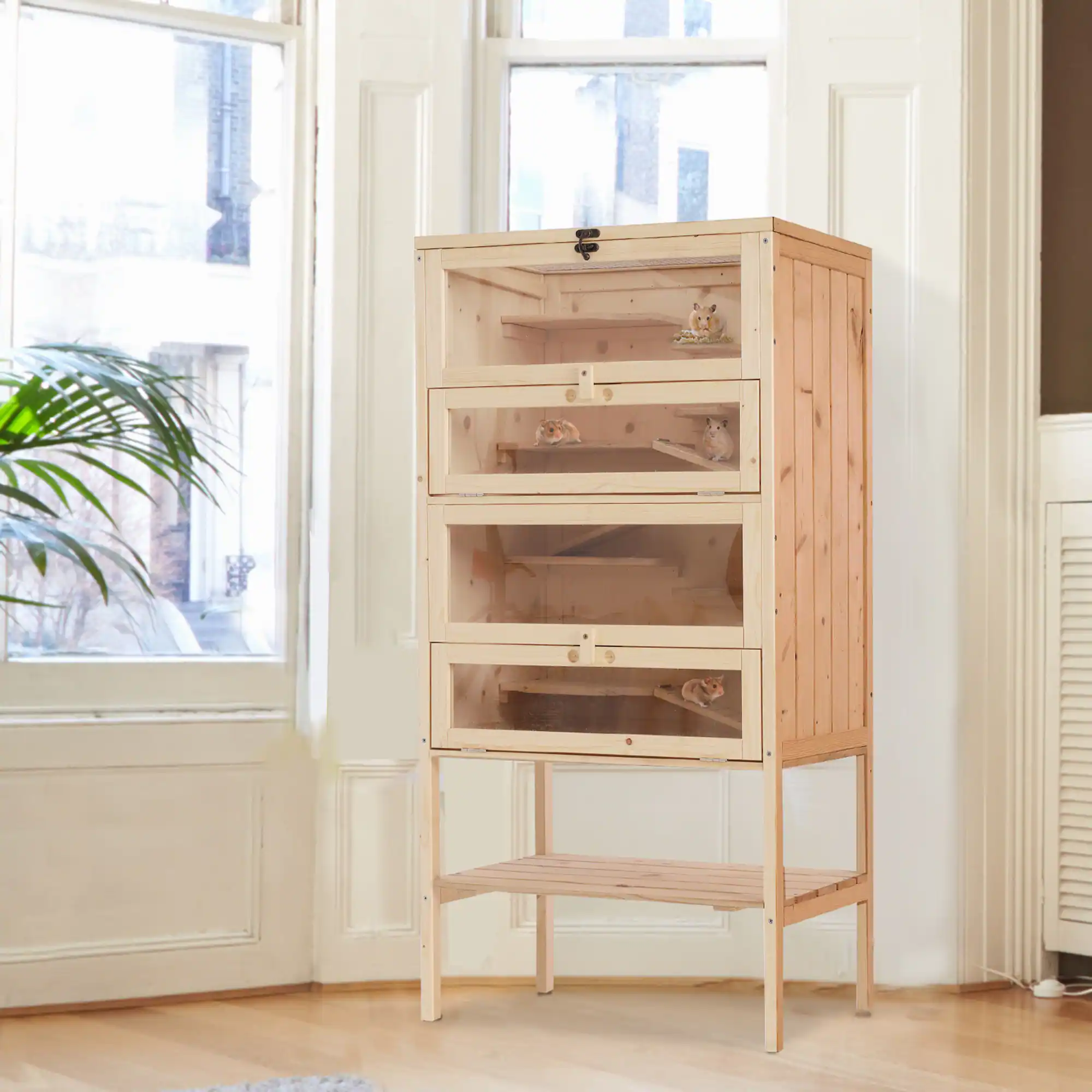 Angle. Pawhut - 5-Tier Wooden Hamster Cage Mice Habitat Rat Habitat with Openable Top, Front Door and Storage Shelf.