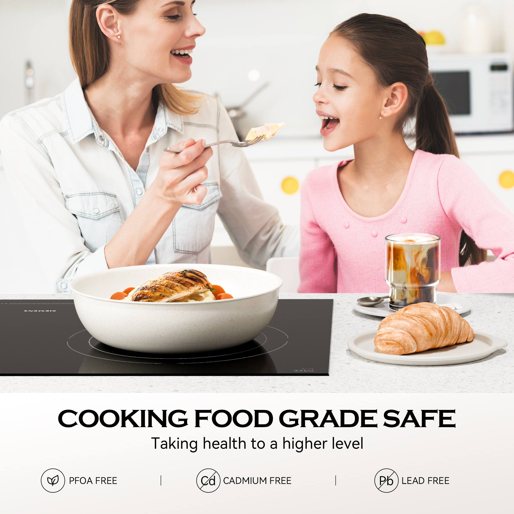 The corrected text is:

"COOKING FOOD GRADE SAFE
Taking health to a higher level
PFOA FREE | Cd CADMIUM FREE | Pb LEAD FREE"