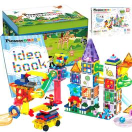 PicassoTiles - 700PCS Marble Run Magnetic Tiles & Brick Combo, Magnet Building Blocks Toy Set with Storage Bin, book & Action Figures