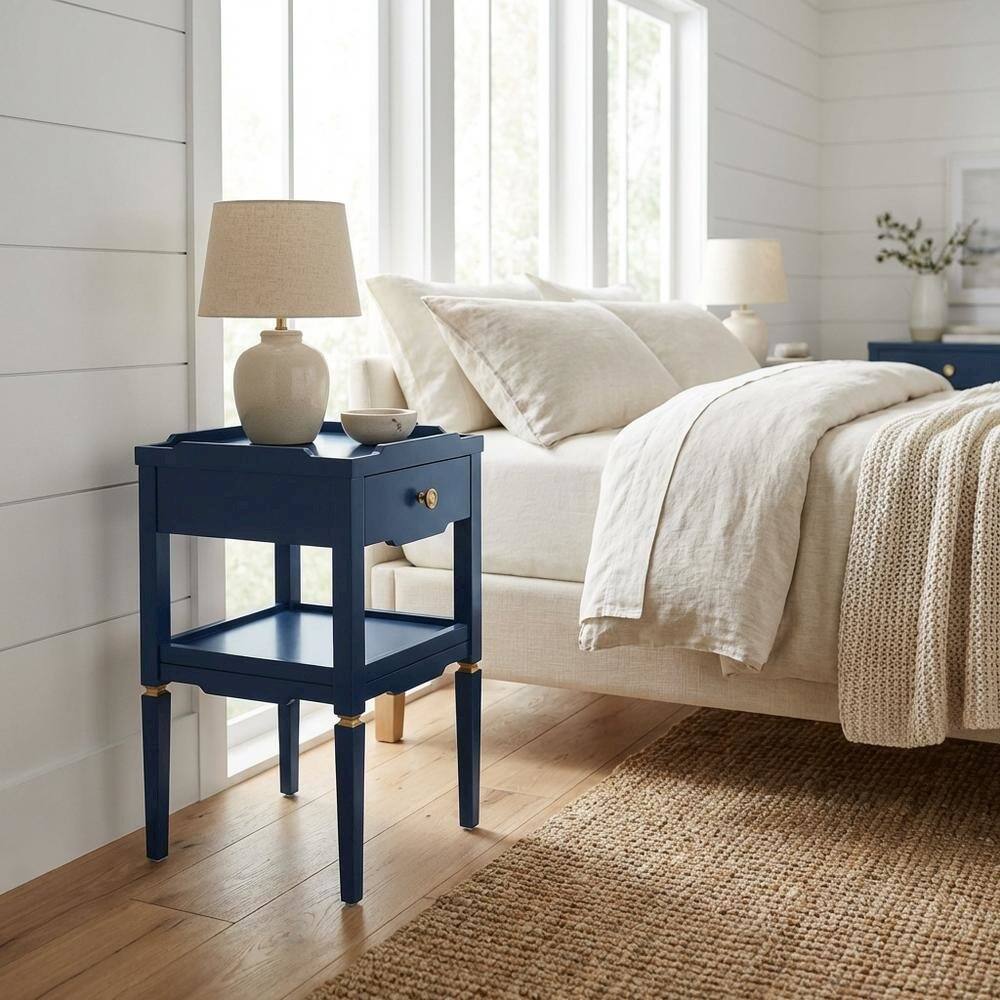 Angle. FurniFact - Midnight Blue Nightstand with Gold Hardware and Modern Style - Blue.