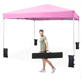 Gymax - 10 x 10 FT Pop up Canopy Tent w/Carrying Bag 4 Sandbags 8 Stakes 4 Wind Ropes - Pink