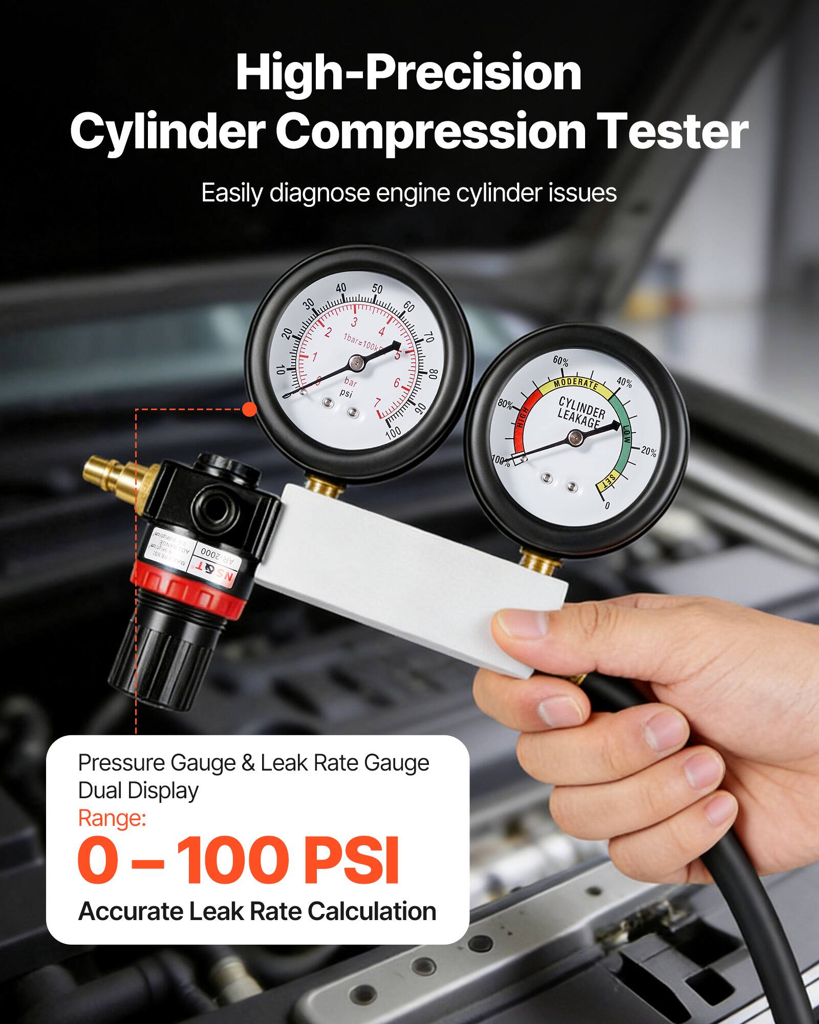 High-Precision Cylinder Compression Tester  
Easily diagnose engine cylinder issues  

Pressure Gauge & Leak Rate Gauge  
Dual Display  
Range: 0 – 100 PSI  
Accurate Leak Rate Calculation