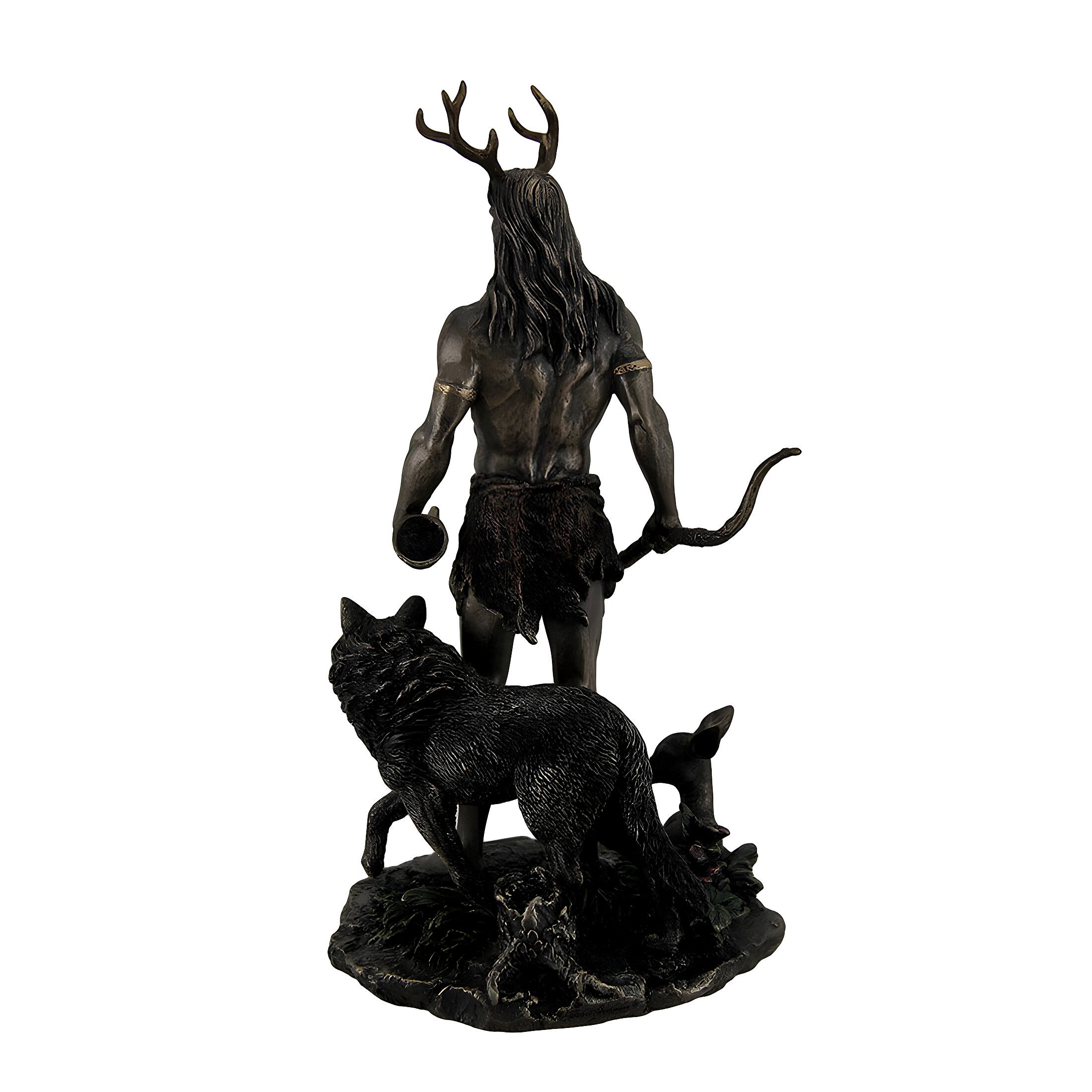 Alt View 3. Veronese Design - Herne the Spirit Hunter of Windsor Forest Standing With Deer and Wolf - Bronze.