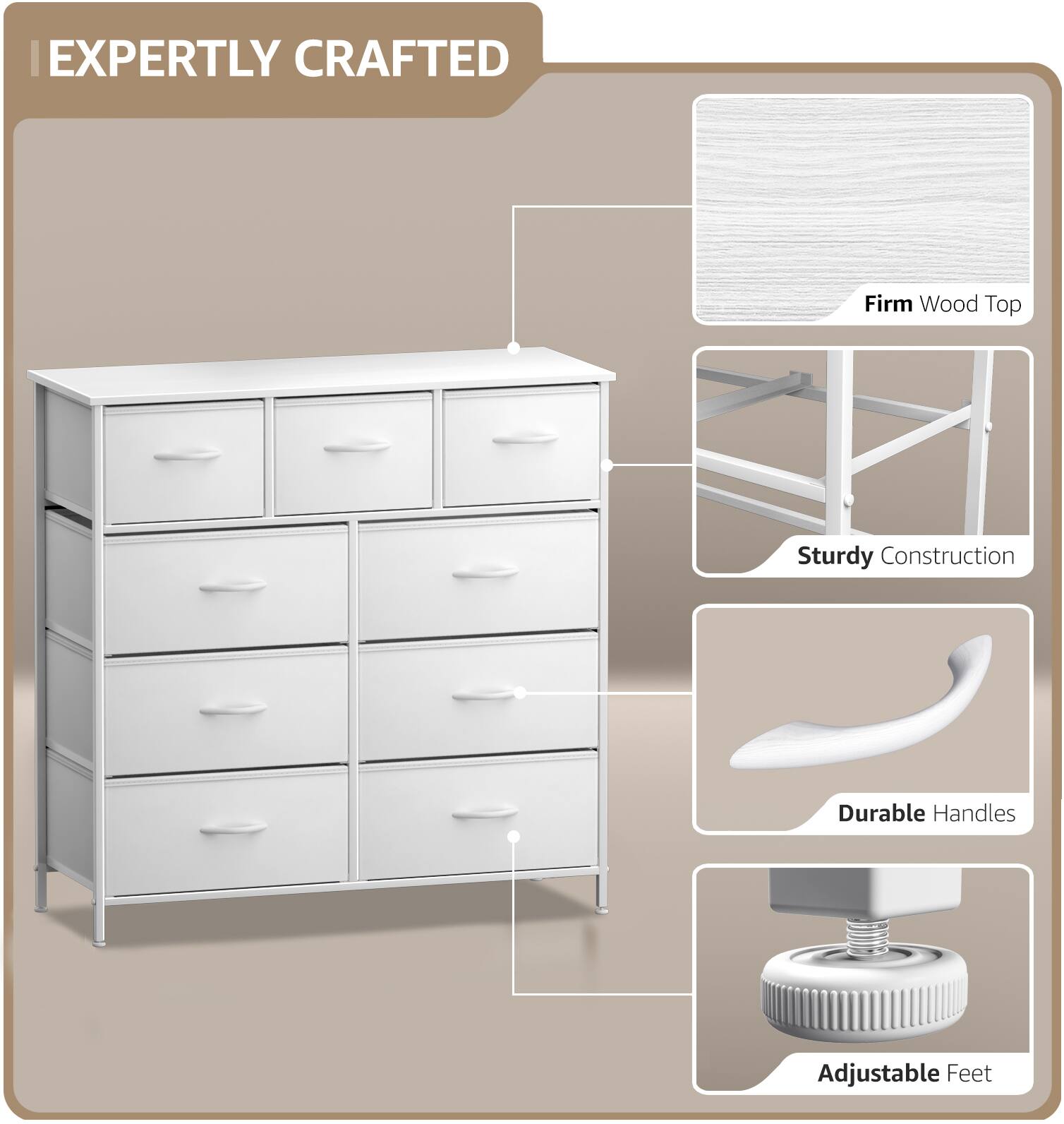 EXPERTLY CRAFTED

- Firm Wood Top
- Sturdy Construction
- Durable Handles
- Adjustable Feet