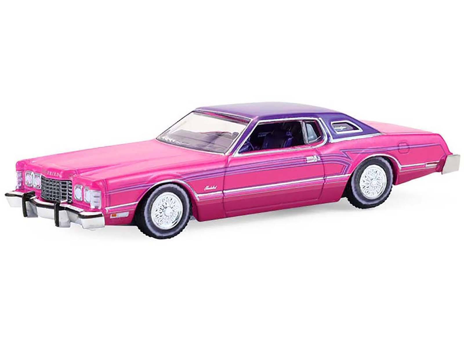 Alt View 1. Greenlight - 1975 Ford Thunderbird Lowrider Pink Metallic with Purple Top & Graphics & Interior 1/64 Scale Model Cars by Greenlight.