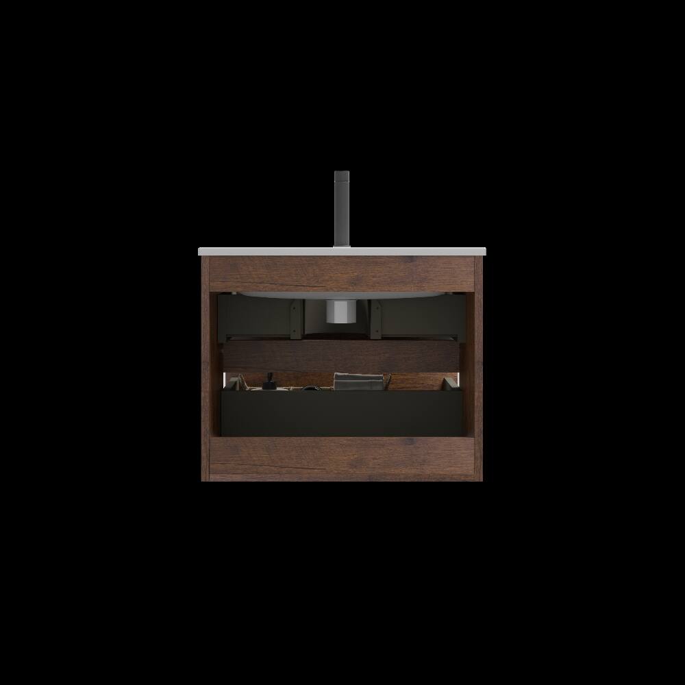 Alt View 4. Loheer - Loheer 24 inch wall mounted bathroom vanity Walnut Floating Cabinet with Ceramic Sink - Walnut.