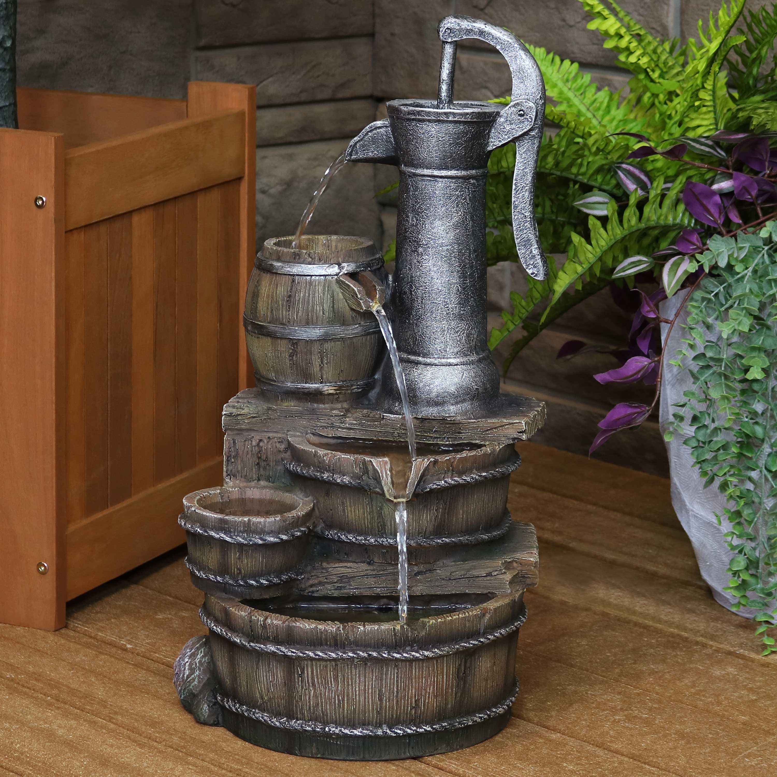 Alt View 3. Sunnydaze - Cozy Farmhouse Pump/Barrel Water Fountain with LED Lights - 23 in - Brown.